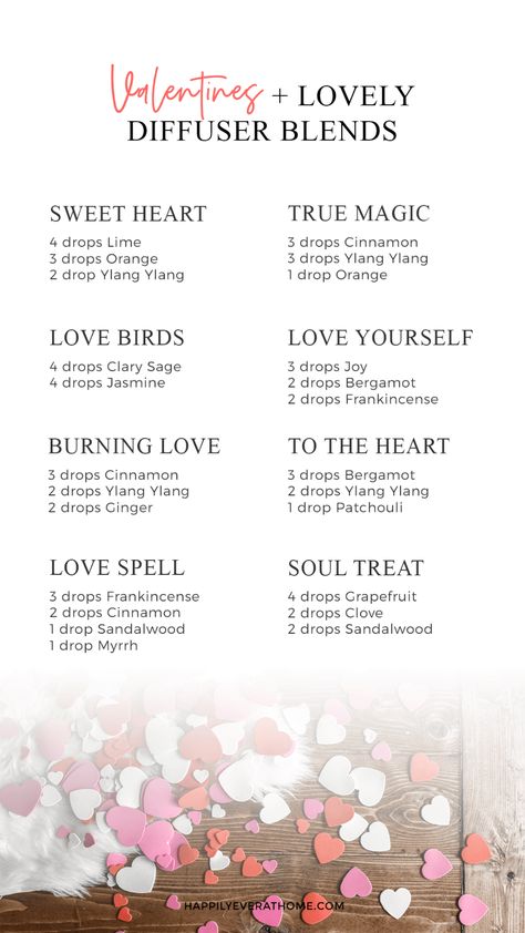 8 Easy Valentine's Day Diffuser Blends | diffuser blend ideas made with Young Living essential oils Christmas Diffuser Blends, Essential Oil Perfumes Recipes, Fall Essential Oils, Doterra Diffuser Blends, Essential Oil Combinations, Essential Oil Diffuser Blends Recipes, Young Living Essential Oils Recipes, Essential Oil Diffuser Recipes, Oil Diffuser Recipes