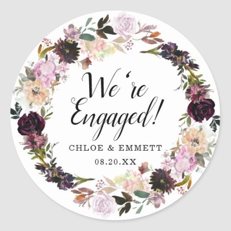 Rustic Purple and Pink Floral We're Engaged Classic Round Sticker Engagement Stickers, Mauve Roses, Wallpaper Iphone Quotes Backgrounds, Elegant Engagement Party, We're Engaged, Iphone Quotes, Desi Wedding Decor, Purple Decor, Engagement Party Decorations