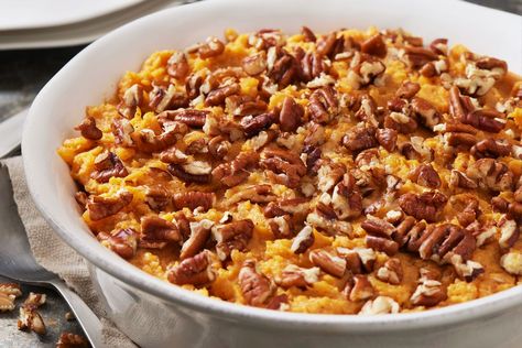 The sweet potato casserole feud that almost imploded Thanksgiving | Salon.com Sweet Potato Casserole With Pecans, Sweet Potato Casserole Healthy, Vegan Sweet Potato Casserole, Sweet Potato Recipes Casserole, Stuffed Sweet Potato Healthy, Roasted Pecans, Vegan Sweet Potato, Pecan Pie Recipe, Crunchy Pecans