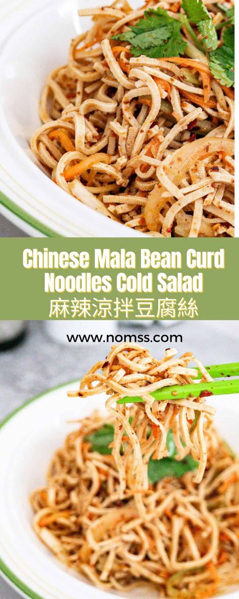 Chinese Mala Bean Curd Noodles Cold Salad 麻辣涼拌豆腐絲 is a vibrant, bold, and spicy cold appetizer made with tofu skin sheets. This easy protein-packed Beijing supermarket-inspired vegetarian meal dish is refreshing and perfect for summertime! It is quick to make in under 15 minutes, can be meal-prepped for the week, and requires a few versatile ingredients, such as beancurd skin, Sichuan peppercorns, chilli oil, and one secret ingredient.  TOFU NOODLES bean curd skin bean curd RECIPES BEAN CURD SHE Chinese Salad Dressing, Chinese Salad Recipes, Tofu Salad Recipes, Bean Curd Skin, Curd Recipes, Tofu Skin, Cold Appetizer, Tofu Noodles, Easy Protein