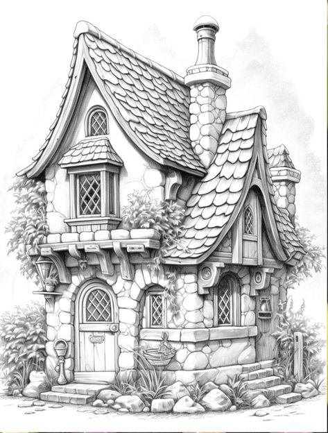 Fantasy Cottage Drawing, Fairytale House Drawing, Fantasy House Drawing, Castle Drawing Sketches, Fairy Tale Village, Storybook Village, Cottage Drawing, Building Drawings, Fairy House Crafts