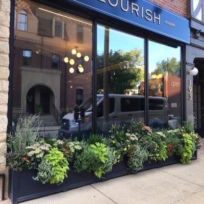 Store Front Landscape Ideas, Outdoor Business Decor, Business Curb Appeal Ideas, Store Front Plants, Shop Fronts Ideas, Storefront Planter Ideas, Business Front Entrance Curb Appeal, Store Front Flowers, Retail Store Front Porch