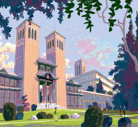 San Fransokyo Institute of Technology - DisneyWiki San Fransokyo Concept Art, College Illustration Art, School Concept Art, College Background, Tadahiro Uesugi, San Fransokyo, School Concept, School Illustration, Color Script