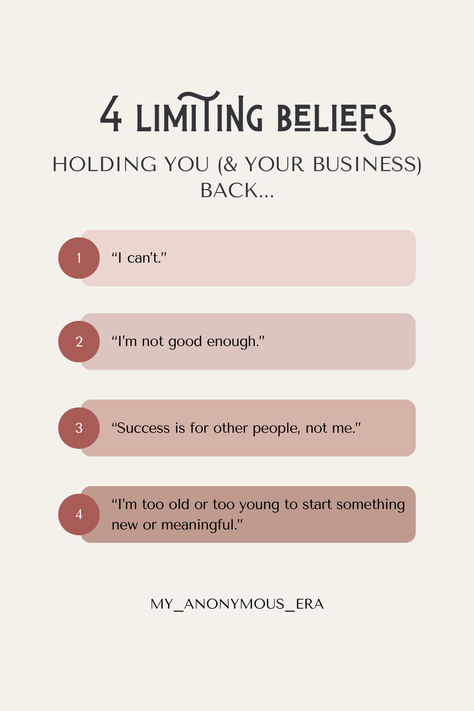 Self-limiting beliefs are negative thoughts or ideas that you hold about yourself or your abilities, causing you to place unnecessary self-imposed constraints on your potential. 

Learn what limiting beliefs are and how to remove them to create your dream life. 

#limitingbeliefs #nolimit #dreamlife #businesssuccess Manifest Attraction, Vision Affirmations, Self Limiting Beliefs, Create Your Dream Life, Belief System, About Relationships, Insta Ideas, Limiting Beliefs, Hold You