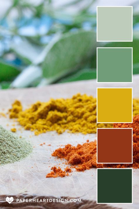 Color Palette: Herbs + Spices Earth Tones — Paper Heart Design Bright Earth Tone Color Palette, Spicy Color Palette, Bright Earthy Color Palette, Garden Color Palette, Artful Agenda, Food Colors Palette, Earth Tones Palette, Earth Colour Palette, Earth Tone Palette