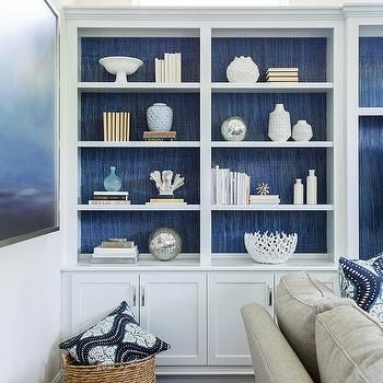 Wallpaper On Back Of Bookshelf Design Ideas Wallpaper Bookcase, Blue Bookshelves, Blue Bookcase, White Bookshelves, Decorating Bookshelves, Bookshelves In Living Room, Blue White Decor, Living Ro, White Bookcase