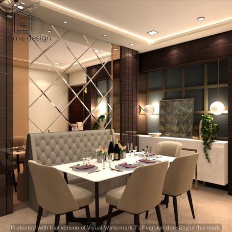 Mirror Panelling Dining Area, Apartment Dining Room Small Decor, Mirror Panelling Wall Dining Room, Dining Area Partition Ideas, Dining Area Mirror Wall Design, Dining Zone Living Rooms, Plush Door Design, Mirror Panelling Wall Living Rooms, Dinning Area Wall Panelling