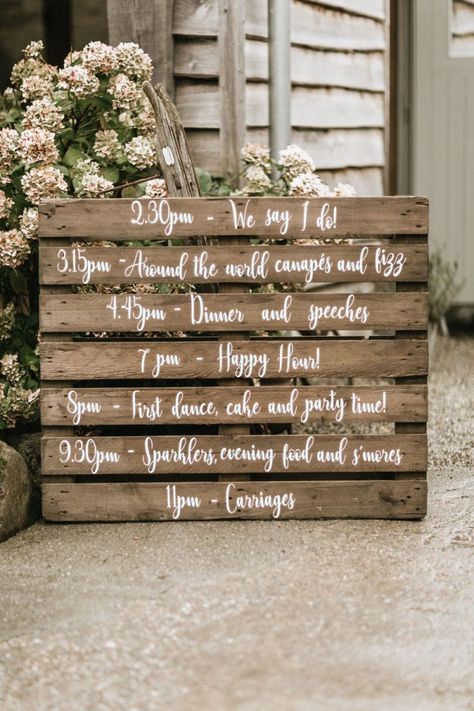 Wooden Pallet Wedding Sign For Order Of The Day | By Wild Tide Weddings | Nancarrow Farm Wedding Venue | Cornwall Wedding Venue | Kids At Wedding | Flower Girl | Wooden Wedding Sign | Pink Bridesmaid Dresses | Eucalyptus Crown | Floral Getting Ready Robes | Travel Themed Wedding | Gold Detail Seating Plan | Barn Wedding | Rustic Wedding Decor | Blush Bouquet | Wedding Pallets, Pallet Wedding Signs, Travel Themed Wedding, Pallet Wedding, Rustic Farm Wedding, Wooden Wedding Signs, Outdoor Wedding Inspiration, Farm Wedding Venue, Travel Theme Wedding