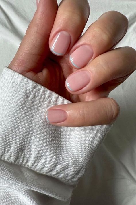 The Micro French Manicure Is Our Favorite Nail Trend Yet | The Everygirl Light Blue Nail Designs, Short French Tip Nails, Engagement Nails, Blue Gel Nails, Navy Nails, Elegant Manicure, Fake Nails Long, Light Blue Nails, Baby Blue Nails