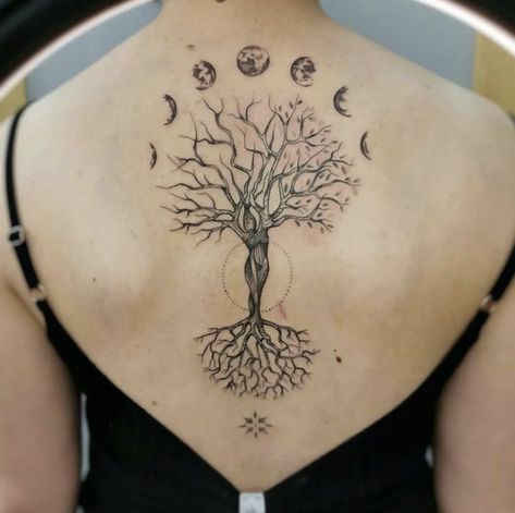 Tree Of Life Tattoo On Back, Woman Tree Tattoo Goddesses, Tree Of Life Tattoo Back For Women, Tree Tattoo Back Women, Feminine Tree Of Life Tattoo, Tree Of Life Back Tattoo Women, Back Tree Tattoo Women, Goddess Tree Tattoo, Tree Of Life Tattoo Feminine