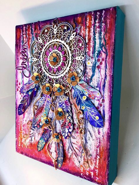 Feather Mixed Media Art, Mandala Mixed Media Art, Mixed Media Mandala, 3d Mixed Media Art, Mixed Media Canvas Ideas, Inkybliss Creations, Altered Canvas, Mixed Media Art Techniques, Mixed Media Art Canvas