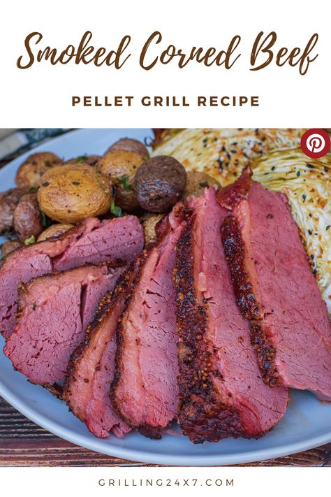 Smoked Corned Beef: Pellet Grill Recipe - Grilling 24x7 Smoked Corned Beef Brisket, Smoked Corned Beef, Beef Brisket Recipe, Pellet Smoker Recipes, Traeger Grill Recipes, Corn Beef, Brisket Recipe, Beef Brisket Recipes, Corned Beef Brisket