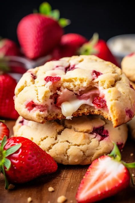 Strawberry Cheesecake Cookies - That Oven Feelin Strawberry Cheesecake Stuffed Cookies, Lemon Strawberry Cookies, Strawberry Cookie Recipe, Strawberries Cookies, Strawberry Cream Cheese Cookies, Cookie Strawberry, Strawberry Cheesecake Cookies, Cheesecake Cookies Recipes, Sour Cream Cookies