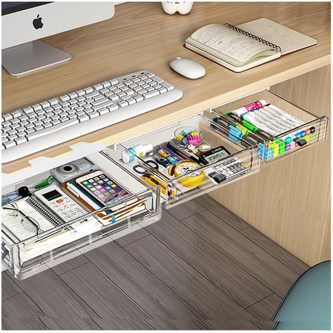 PRICES MAY VARY. 👍【Functional under desk organizer】: The drawer pencil tray is very convenient for under table, you can paste them anywhere to hold kinds of items. Suitable for the storage of kitchen, living rooms, study rooms, dressing rooms, tableware, stationery, electrical appliances, cosmetics, etc 👍【Different size】: This desk pencil drawer organizer comes in 3 different sizes, the small one is 32.2 x 22.5 x 7.5 cm/ 12.68 x 8.86 x 2.95 inch, the Medium one is 34.5 x 16.8 x 7.5 cm/ 13.58 x Small Desk Storage Ideas, Office Supply Storage Ideas, Under The Desk Storage Ideas, Small Space Office Organization, Desk Top Organizer Ideas, Under Desk Drawers, Small At Home Office, Office Storage Ideas For Small Spaces, Office Supply Organization At Work