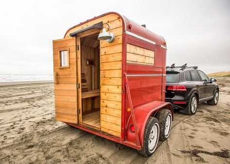 BEACH SAUNA - Kat Dierickx West Linn Oregon, Mobile Sauna, Building A Sauna, Swedish Interiors, Portable Sauna, Luxury Garage, Sauna Design, Hidden Door, Photo Story