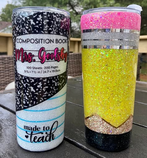 This item can be personalized with a name on the backside of tumbler, if requested. ✨This listing is for one double-walled stainless steel tumbler as shown in pictures. These tumblers are handcrafted with premium grade polyester glitter and professional grade smooth-as-glass epoxy to ensure a long lasting cup to enjoy! ✨CARE INSTRUCTIONS Handwash only. Not microwave or dishwasher safe. Avoid dropping. Do not freeze. ✨Each tumbler is hand made by me. While I aim for perfection, minor irregulariti School Theme Tumblers, Teacher Tumbler, Epoxy Tumblers, Glitter Tumbler Cups, Glitter Tumblers, Custom Tumbler Cups, Painted Cups, Tumbler Cups Diy, Glitter Cups