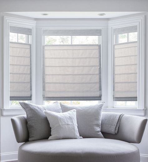 Have a bay window to cover? They can be a challenge, so take a look at this measuring guide from the design experts at Blinds.com! Bow Window Treatments, Bay Window Decorating Ideas, Bay Window Blinds, Bay Window Treatments, Bay Window Seat, Window Treatments Living Room, Blinds Design, Bow Window, Bedroom Curtains