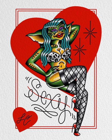 Gremlin Tattoo, Gizmo Tattoo, Burlesque Tattoo, Greta Gremlin, Tatu Ideas, Gremlins Art, Flash Sheet Ideas, Tattoo Flash Sheets, Tattoo Drawing Ideas