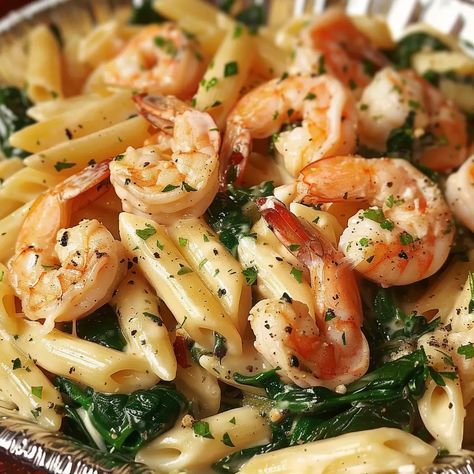 Cheese Shrimp Penne Pasta & Spinach Cheese Shrimp Penne Pasta And Spinach, Shrimp Spinach Pasta Recipes, Shrimp Penne Pasta Recipes, Cheese Shrimp Penne Pasta, Shrimp And Spinach Pasta, Spinach Shrimp Pasta, Beef And Broccoli Sauce, Shrimp Spinach Pasta, Shrimp And Spinach