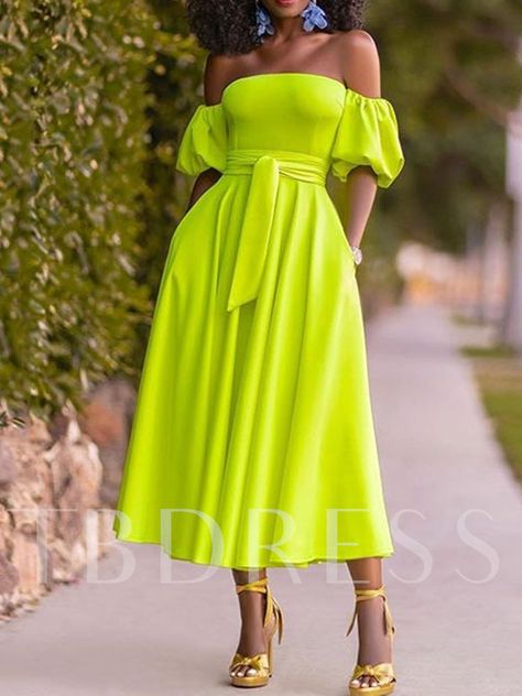 Style Africain, Elegant Midi Dresses, Yellow Midi Dress, Off Shoulder Fashion, Puff Sleeve Dress, Elegant Dresses Long, Dresses By Length, Puffed Sleeves Dress, Green Lace