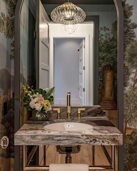 Elevated Powder Room, Marble Powder Room Ideas, Long Narrow Powder Room, Small Powder Room Layout, Powder Room Makeover Inspiration, Pedastool Sink, Narrow Powder Room, Moody Half Bath, Powder Room Vanities