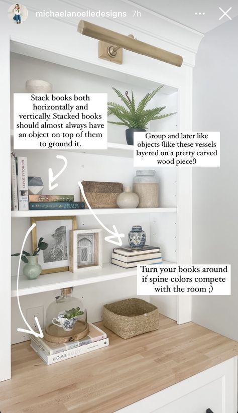 How To Style Books On Shelves, White Book Shelves Living Room, Living Room Bookshelf Decor Ideas, Decorate A Bookcase In Living Room, What To Put On Bookshelves, Rustic Shelf Styling, Top Shelf Decor Living Room, Paint Behind Shelves, Tall Shelf Styling