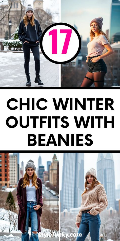 Embrace winter in style with these 17 chic outfits featuring cozy beanies! From casual sweatshirts paired with joggers and combat boots to a cool chunky knit sweater worn with high-waisted jeans, this list will help you stay warm while looking trendy. Rock the tee tucked into high-waisted shorts with tights and complete the look with a slouchy beanie. Whether you prefer fitted tees under long cardigans or fancy flaunting flared jeans, each outfit offers perfect winter styling to keep the chill away without sacrificing style. Blue Beanie Outfit Aesthetic, Beanie And Braids Outfit, Joggers With Sweater Outfit, Cute Beanies Outfits, Winter Outfits With Beanies, Winter Combat Boots Outfit, Slouchy Beanie Outfit, Blue Beanie Outfit, White Beanie Outfit