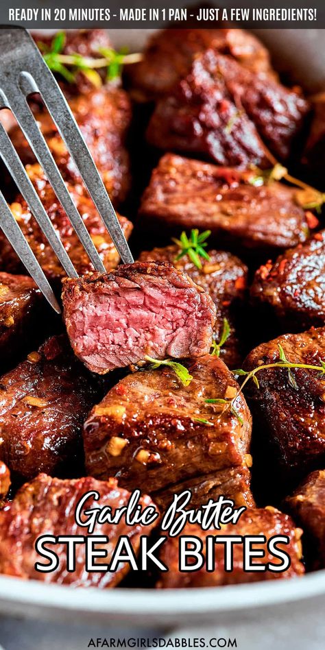 This Garlic Butter Steak Bites recipe comes together in just 20 minutes, in one skillet, and with just a few ingredients. It's a quick and easy way to enjoy tender, juicy little bites of beef, in the most delicious garlic-infused, savory, buttery sauce! Butter Steak Bites Recipe, Appetizer Night, Ways To Cook Steak, Garlic Butter Steak Bites, Butter Steak Bites, Steak Bites Recipe, Steak Sandwiches, Garlic Steak, Steak Tips