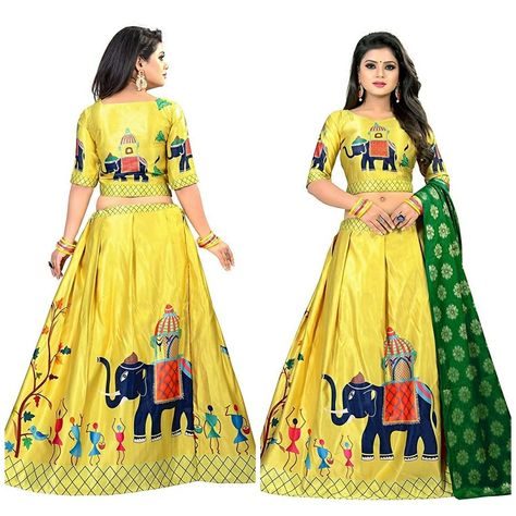 Satin Printed pattern Semi-stitched Lehenga Choli Yellow Color Disclaimer: Product Color May Slightly Vary Due To Photographic Lighting Sources On Your Monitor/ Device Setting. Bridal Choli, Lengha Blouse, Garba Dress, Lehenga Indian, Navratri Collection, Saree Painting Designs, Choli Dress, Navratri Dress, Makeup Images