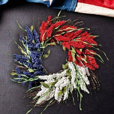 Patriotic Wreath for Front Door, Red White Blue Artificial Wreath for Wall American 4th of July Wreath Hanging Decorations Wreath for Independence Day Memorial Day Veterans Day Shape: Round Material: Straw Whether it can be customized: no size :Diameter 45cm  Natural Materials --- The 4th of July garland decoration is hand-woven using traditional rattan and PVC materials. Not easy to fade, durable.  Independence Day Decoration --- Patriotic garland decoration can be hung indoors and outdoors, front door, living room, fireplace, cabinets, walls, windows, shelves and many other places. Celebrate July 4th, Memorial Day or any time of the year.  High Quality Door Wreath---This Patriotic Red White and Blue Rice Ear Sun group Decorative Door Hanging Garland is made of lots of rattan with berry r July 4th Wreaths For Front Door, Themed Wreaths, Patriotic Garland, Patriotic Flowers, July Flowers, American Flag Wreath, Flag Wreath, Independence Day Decoration, Twig Wreath