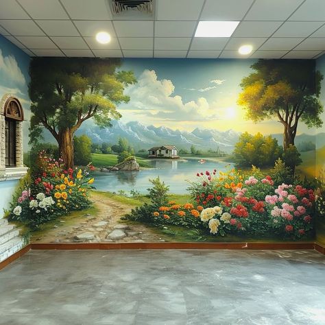 Village Wall Painting, 3d Mural Art Ideas, Landscape Wall Painting, Beautiful Wall Painting, Simple Wall Paintings, Wall Painting Ideas, Home Wall Painting, 3d Wall Painting, Door Design Images