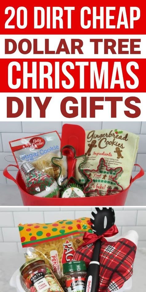 Need some cheap DIY Christmas gifts? These Dollar Tree Christmas gift ideas are super inexpensive and easy to make!! Includes cheap Dollar Tree gift baskets, like this cute holiday baking gift baskets and pasta gift basket! There are so many dollar store Christmas gift ideas you can easily make for friends, family, teachers, and more! Bath Towel Gift Ideas, Dollar Tree Secret Santa Ideas, Gift Basket Ideas From Dollar Tree, Diy Dollar Tree Gift Baskets, Easy Christmas Gift Baskets, Cheap Prizes For Christmas Games, Dollar Tree Christmas Gifts Ideas, Teachers Gift Basket Ideas, Christmas Prize Ideas