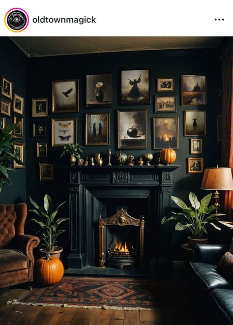 Dark Academia House, Scotland Autumn, Fall Interior Decor, Academia House, Cosy Candles, Gothic Homeware, Green Lounge, Autumn Interior, Moody Decor