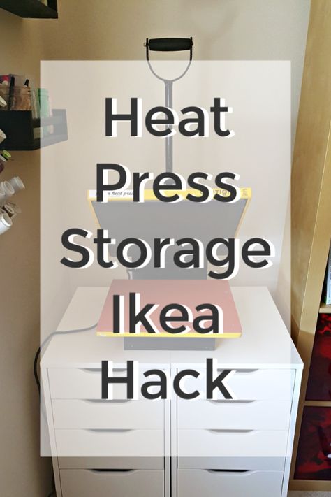 While building out a collection of craft supplies that are utilized with a Silhouette Cameo or Cricut, a heat press is bound to be added. A heat press is essential for proper applications of heat transfer vinyl, or sublimation. Check out this IKEA hack for heat press (and vinyl) storage. Silhouette Craft Room Ideas, Cricut And Heat Press Desk, Heat Press Room Ideas, Heat Press Stand Diy, Craft Room With Heat Press, Cricut Autopress Storage, Heat Press Storage Cart, Heat Transfer Storage Ideas, Craft Room Heat Press Organization