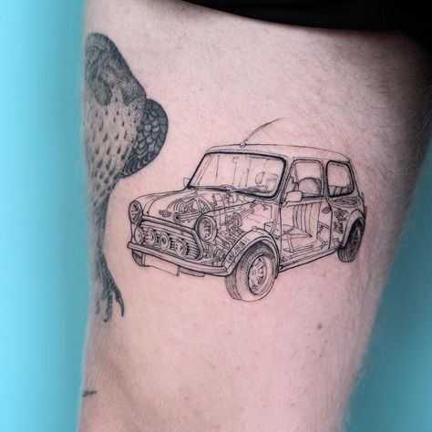 Mini Car Tattoo, Mini Cooper Tattoo, Car Themed Tattoos, Cooper Tattoo, Tattoo Designs Symbols, Mini Cooper Classic, Car Tattoos, Tattoos Art, Mini Clubman