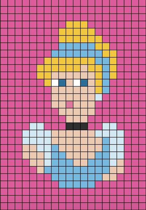 A small pixel art template of Cinderella. Pixel Art Grid Disney, Disney Princess Pixel Art Grid, Disney Grid Patterns, Rapunzel Alpha Pattern, Pixel Art Disney, Rapunzel Cross Stitch Pattern, Small Pixel Art, Cinderella Cross Stitch, Alpha Pattern Disney