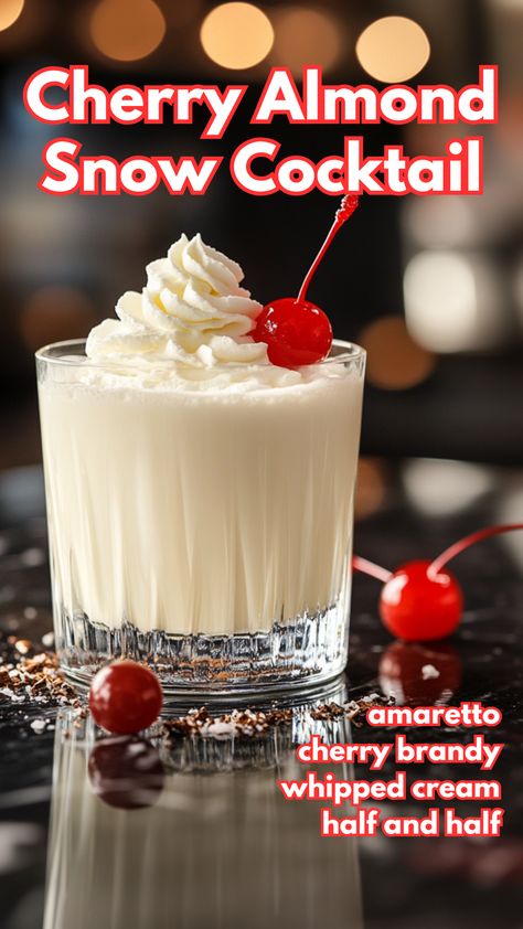 Creamy and delightfully sweet, the Cherry Almond Snow Cocktail combines the fruity richness of cherry brandy with the nutty smoothness of amaretto. This luxurious cocktail is perfect for holiday gatherings or cozy winter evenings, with a garnish of whipped cream and a maraschino cherry adding a festive finish.  #cherryalmondsnowcockttail #christmascocktails via @mybartender Christmas Alcoholic Drinks Sweet, Drunken Cherries In Amaretto, Cherry Amaretto Tiramisu, Cherry Bounce Cocktail, Cherry Liquor Recipes, Amarena Cherry Cocktail, Sweet Alcoholic Drinks Recipes, Drinks With Cherries, Fun Christmas Shots