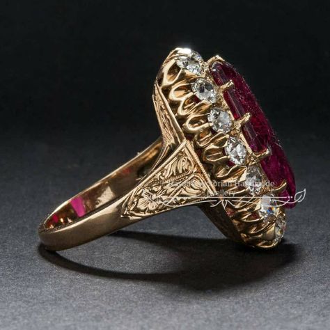 Vintage Victorian era 9K gold natural diamond and ruby amazing ring Metal: yellow gold  Metal Purity: 9 k Metal Wt: 5.20 Grams Diamond Type: Natural Diamond  Diamond Color: Tinted Brown  Diamond Clarity: I1-I2  Diamond Cut: Good Diamond Shape: Round  Diamond Wt: 2.70 Ctw Gemstone: Ruby Gemstone weight: 3.90ctw. Dull Aesthetic, Stylish Gold Earrings, Antique Engagement Rings Victorian, Ruby Jewelry Ring, Vintage Ruby Ring, Ruby Ring Designs, Antique Ruby Ring, Yellow Gold Cocktail Ring, Victorian Engagement Rings