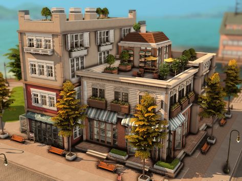 Apartment Building Exterior, Appartement New York, Sims 4 Restaurant, Sims 4 City Living, Tiny Beach House, Sims 4 Stories, The Sims 4 Lots, San Myshuno, Sims 4 House Plans