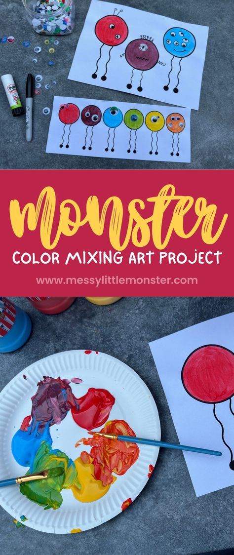 Monster color mixing for kids art project Create A Monster, Mixing Primary Colors, Colors For Kids, Preschool Colors, Monster Theme, Mixing Colors, Easy Art Projects, Cool Art Projects, Elementary Art Projects