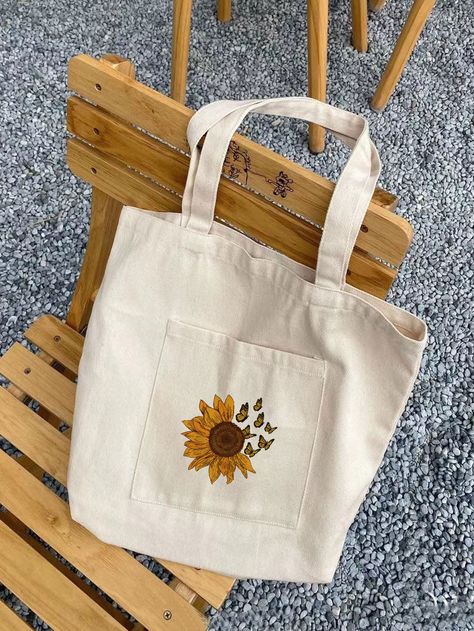 Sunflower & Letter Graphic Shopper Bag Trendy Spring School Canvas Bag, Yellow Canvas Bag With Pockets For School, Eco-friendly Summer School Canvas Bag, Eco-friendly Beige Canvas Bag For School, Sunflower Tote Bag, Organic Bag, Embroidery Hoop Crafts, Diy Embroidery Designs, Daily Bag