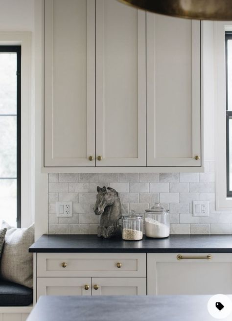 Cream Kitchen Cabinets With Dark Granite, Beige Cabinets With Black Countertops, Cream Cabinets Black Countertops, Taupe Kitchen Cabinets, Cream Kitchen Cabinets, Taupe Kitchen, Black Countertop, Cream Cabinets, Honed Granite