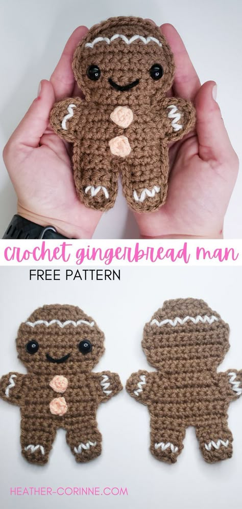 Two images of a crochet gingerbread man. One is a completed gingerbread man held in two hands, the other is the front and back panel shown separately. The text reads 'crochet gingerbread man heather-corinne.com' Cookie Crochet, Crochet Cookie, Gingerbread Man Free, Crochet Gingerbread Man, Christmas Crochet Ideas, Crochet Gingerbread, Large Crochet Hooks, Crochet Christmas Stocking, Holiday Knits