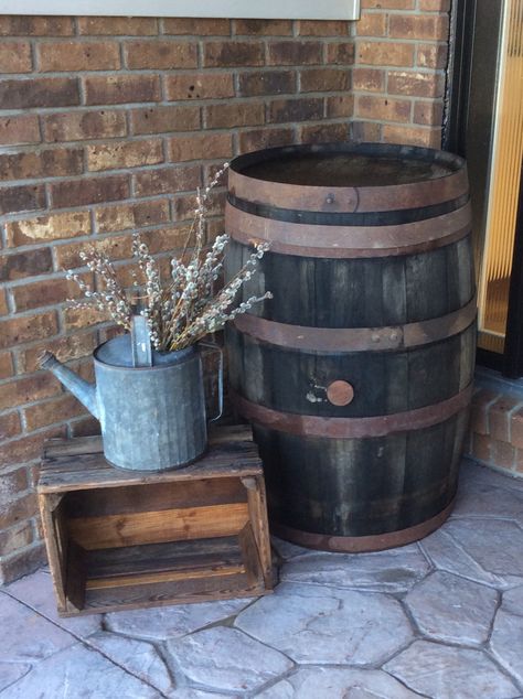 My awesome whiskey barrel, front door decor! Whiskey Barrel Decorating Ideas, Barrel Garden Ideas, Whiskey Barrel Decor, Tattoos Architecture, Whiskey Barrel Planter, Wine Barrel Decor, Design Quotes Art, Travel Tattoos, Barrel Decor