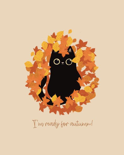 Cute black cat covered in autumn leaves enjoying autumn. Cat illustration drawn in Procreate. It has a boho brown Color background Animals With Glasses Art, Fall Cat Illustration, Autumn Cat Illustration, Autumn Cat Art, October Illustration Art, Fall Cat Art, November Illustration Art, Sleepy Cat Illustration, Autumn Cat Wallpaper