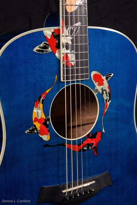 Taylor Guitars ~ Gallery Series Living Jewel ~ "Koi" this is Taylor Swift's custom guitar. Not a fan of her, but this is a nice guitar. Taylor Swift Koi Fish Guitar, Koi Fish Guitar, Paint Guitar, Painted Ukulele, Taylor Swift Guitar, Custom Acoustic Guitars, Ukulele Design, Ukulele Art, Guitar Designs