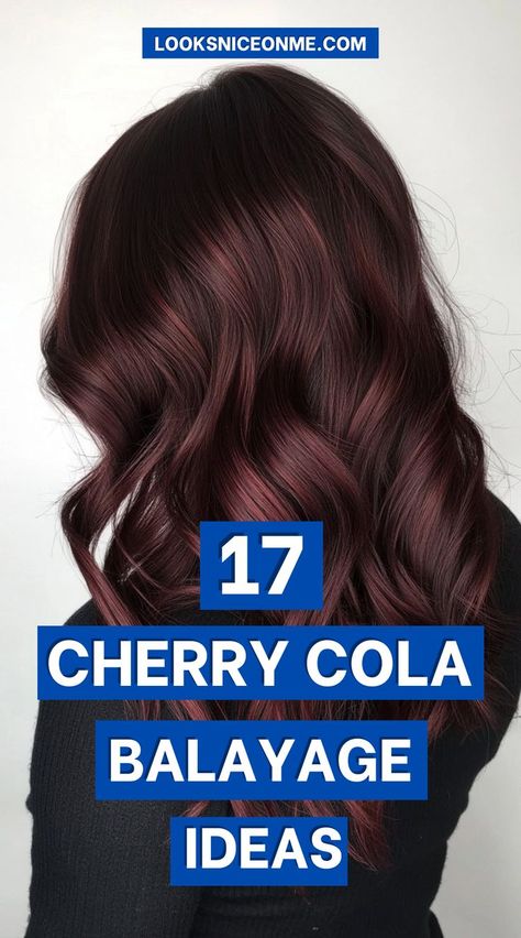 Add a pop of color with cherry cola balayage! This gorgeous mix of deep cherry and cola brown shades is perfect for creating a rich, multidimensional effect that’s both edgy and elegant. Ideal for brunettes looking to refresh their look! #BalayageForBrunettes #CherryColaHair Brownish Red Balayage, Cherry Dr Pepper Hair Color, Dark Brown Hair With Mahogany Balayage, Cherry Chocolate Balayage Hair, Cherry Cola Brunette, Cherry Chocolate Hair Color Brunettes, Red And Brown Balayage, Deep Red Balayage Hair, Burgundy Balayage Brunettes