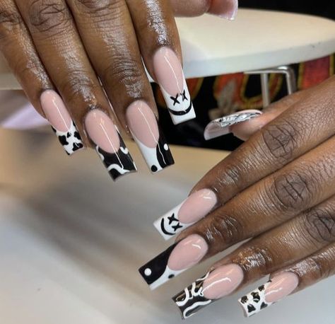 White Cow Print Nails, Trippy Nail Art, Cow Print Nails, White Cow Print, Colored Acrylic, Colored Acrylic Nails, Print Nails, White Cow, Cow Print