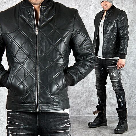 Fully quilted banded hem leather jacket - 68 Stylish Leather Jacket, Mens Outerwear Jacket, Leather Coat Jacket, Long Leather Coat, Stylish Mens Fashion, Mens Jackets Casual, Urban Street Style, Men Fashion Casual Outfits, Cool Jackets