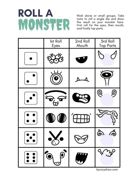 Free Printable Halloween Game for Kids: Roll A Monster Roll A Halloween Picture, Roll A Monster Free Printable, Draw A Monster Dice Game, Roll A Monster Game, Monster Bingo Free Printable, Roll A Monster Dice Game, Halloween Roll And Cover Free, Roll A Monster, One Minute Games